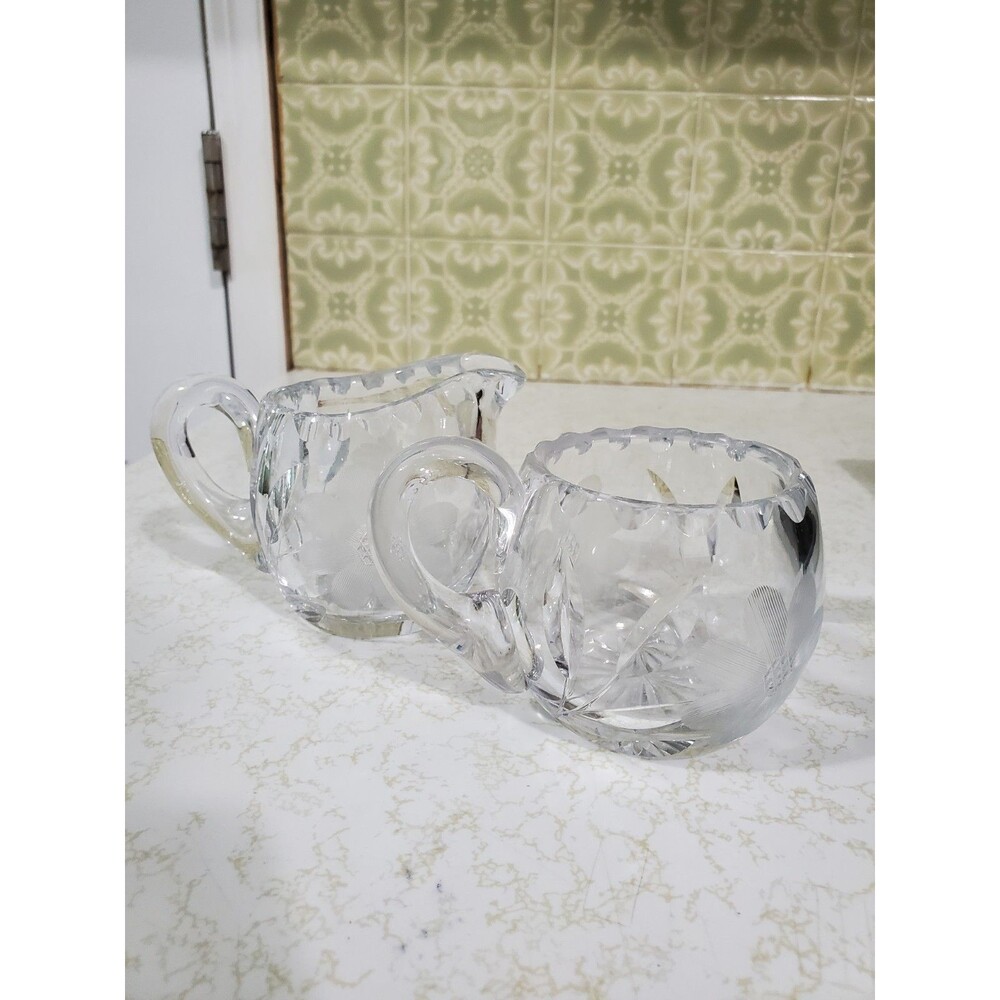 Vintage Bohemian Floral Cut Crystal Glass Handled Sugar Bowl and Creamer Set